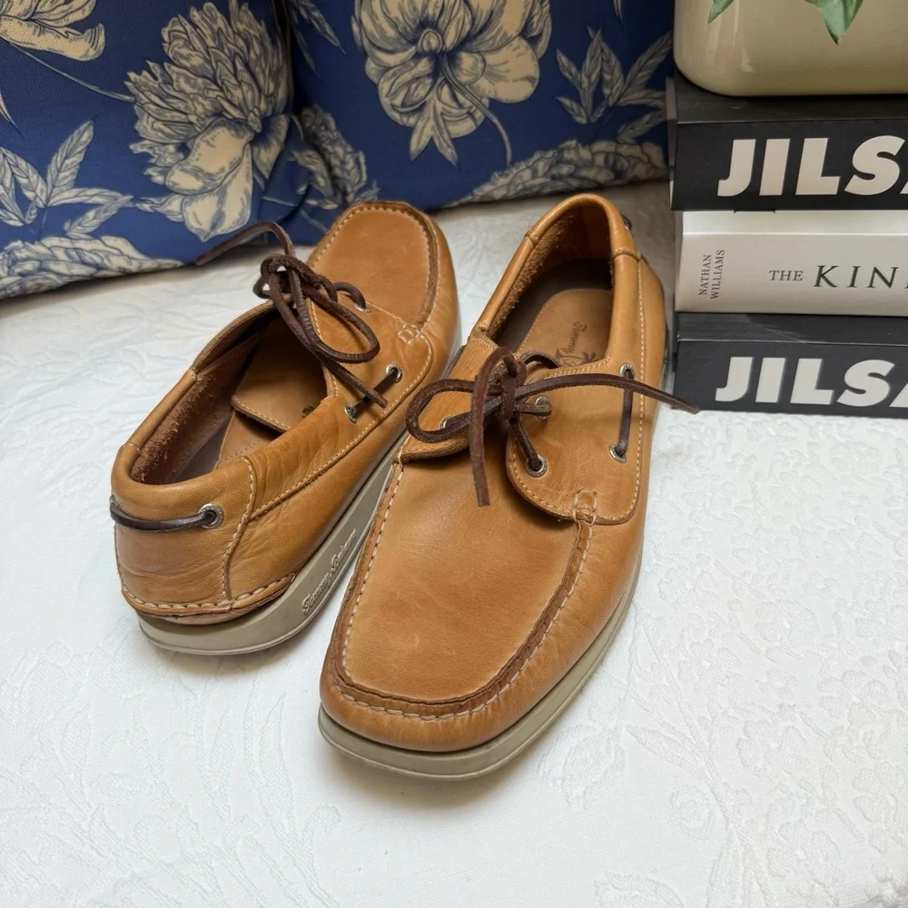 Tommy Bahama Tan and Brown Boat Shoes with Moccasin Construction